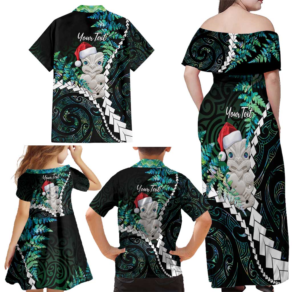 New Zealand Personalised Family Matching Off Shoulder Maxi Dress and Hawaiian Shirt Meri Kirihimete Kowhaiwhai Mix Paua Shell - Emerald LT7 - Polynesian Pride