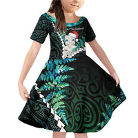 New Zealand Personalised Family Matching Off Shoulder Short Dress and Hawaiian Shirt Meri Kirihimete Kowhaiwhai Mix Paua Shell - Emerald LT7 Daughter's Dress Green - Polynesian Pride