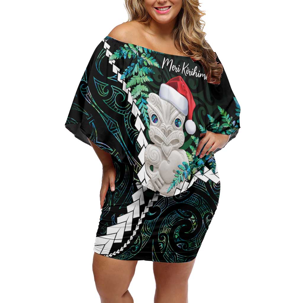 New Zealand Personalised Family Matching Off Shoulder Short Dress and Hawaiian Shirt Meri Kirihimete Kowhaiwhai Mix Paua Shell - Emerald LT7 Mom's Dress Green - Polynesian Pride