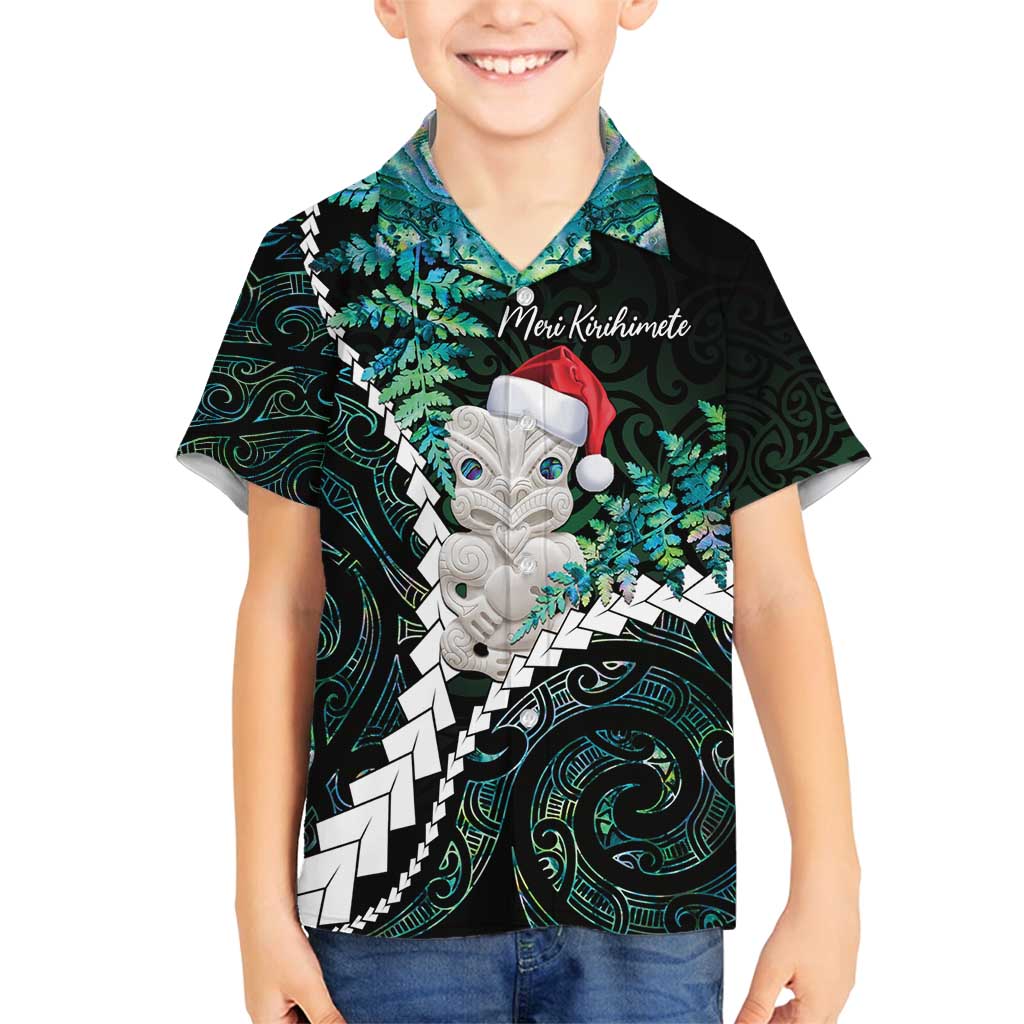 New Zealand Personalised Family Matching Off Shoulder Short Dress and Hawaiian Shirt Meri Kirihimete Kowhaiwhai Mix Paua Shell - Emerald LT7 Son's Shirt Green - Polynesian Pride