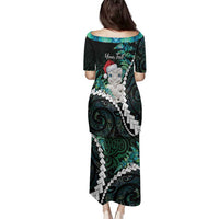 New Zealand Personalised Family Matching Puletasi and Hawaiian Shirt Meri Kirihimete Kowhaiwhai Mix Paua Shell - Emerald LT7 - Polynesian Pride