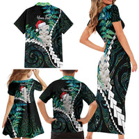 New Zealand Personalised Family Matching Short Sleeve Bodycon Dress and Hawaiian Shirt Meri Kirihimete Kowhaiwhai Mix Paua Shell - Emerald LT7 - Polynesian Pride