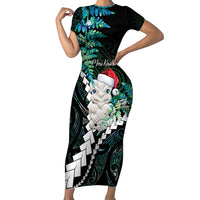New Zealand Personalised Family Matching Short Sleeve Bodycon Dress and Hawaiian Shirt Meri Kirihimete Kowhaiwhai Mix Paua Shell - Emerald LT7 Mom's Dress Green - Polynesian Pride