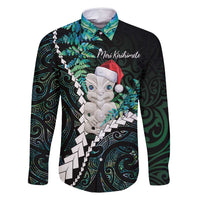 New Zealand Personalised Family Matching Tank Maxi Dress and Hawaiian Shirt Meri Kirihimete Kowhaiwhai Mix Paua Shell - Emerald LT7 Dad's Shirt - Long Sleeve Green - Polynesian Pride