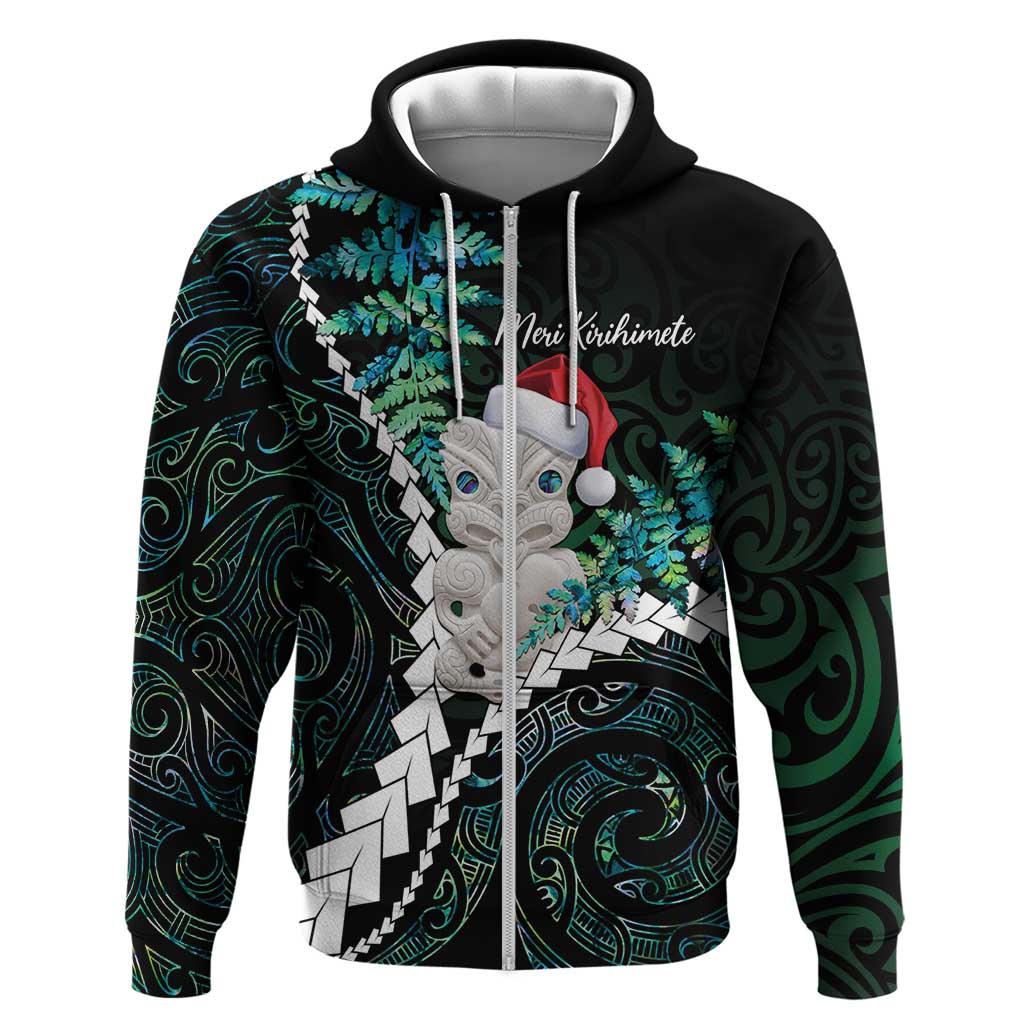 New Zealand Personalised Hoodie Meri Kirihimete Kowhaiwhai Mix Paua Shell - Emerald LT7 Zip Hoodie Green - Polynesian Pride