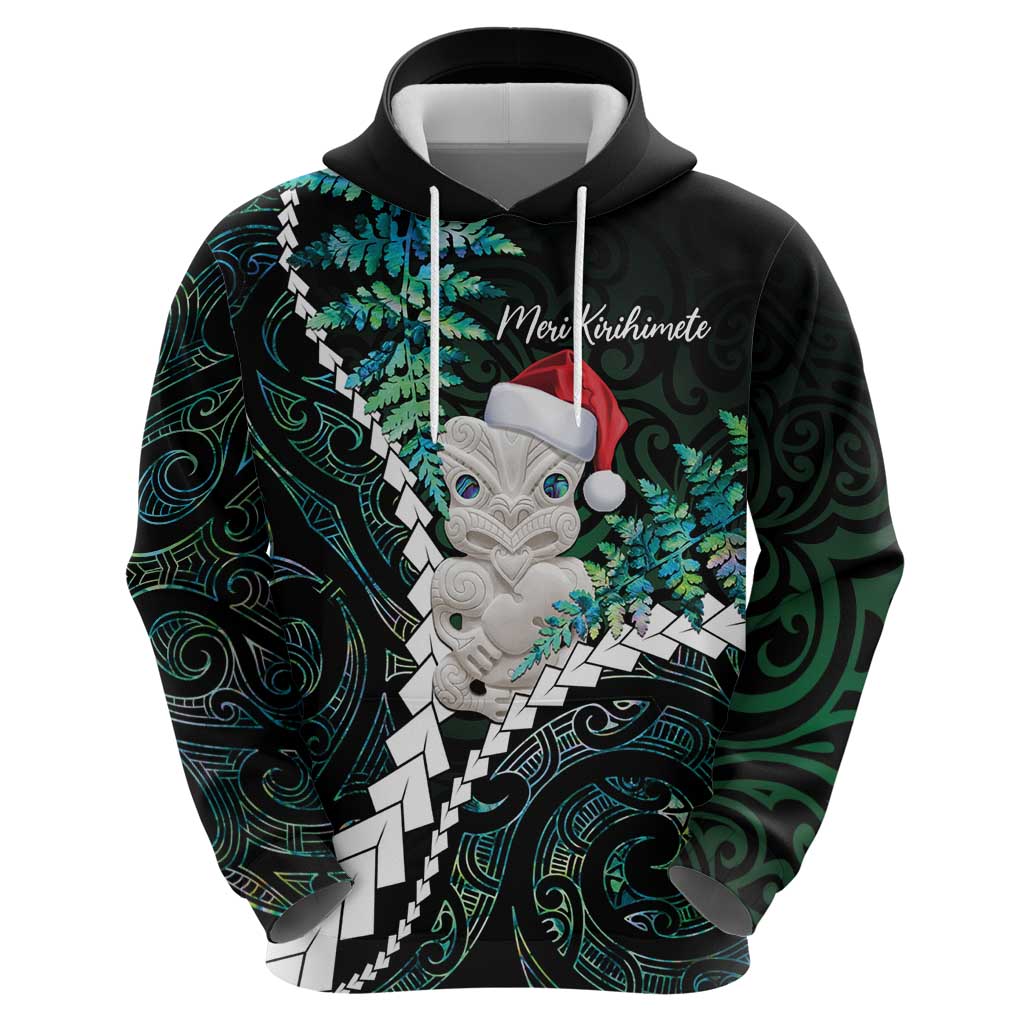 New Zealand Personalised Hoodie Meri Kirihimete Kowhaiwhai Mix Paua Shell - Emerald LT7 - Polynesian Pride