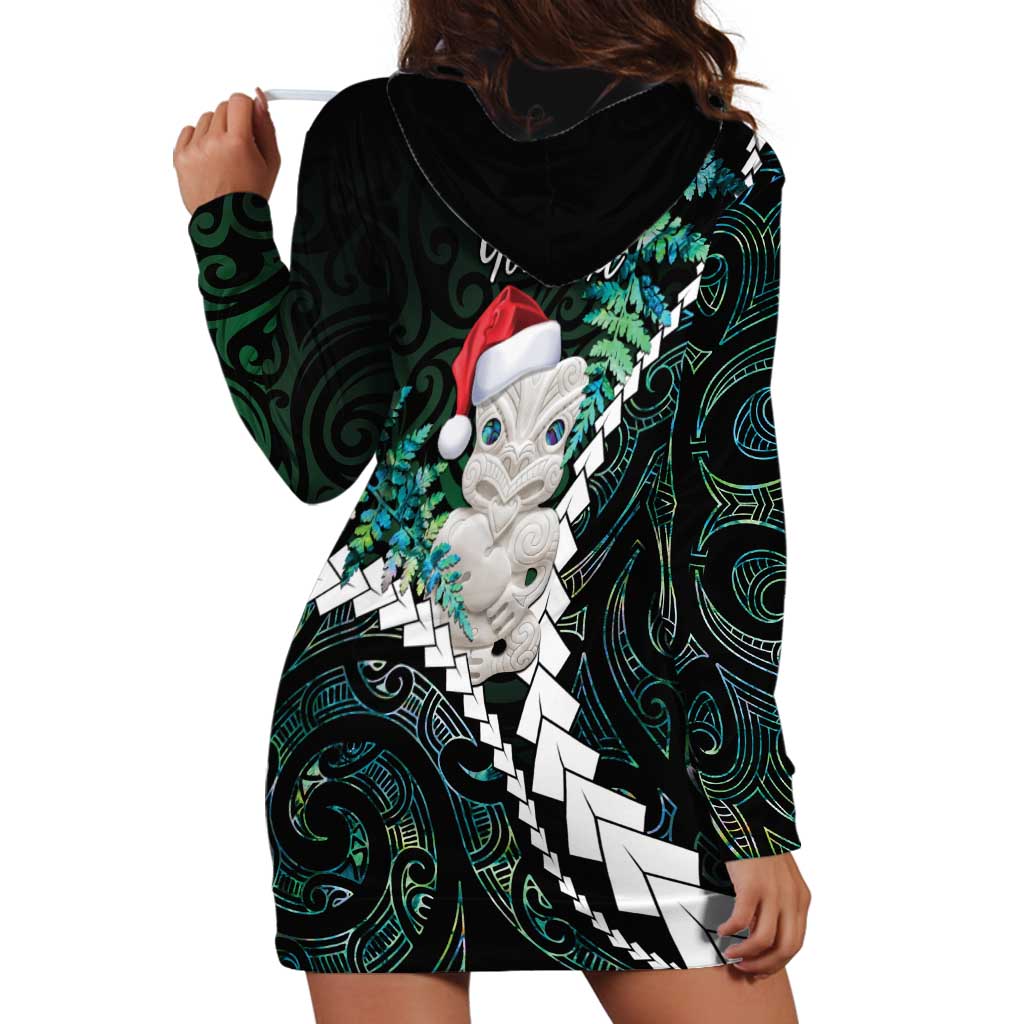 New Zealand Personalised Hoodie Dress Meri Kirihimete Kowhaiwhai Mix Paua Shell - Emerald LT7 - Polynesian Pride