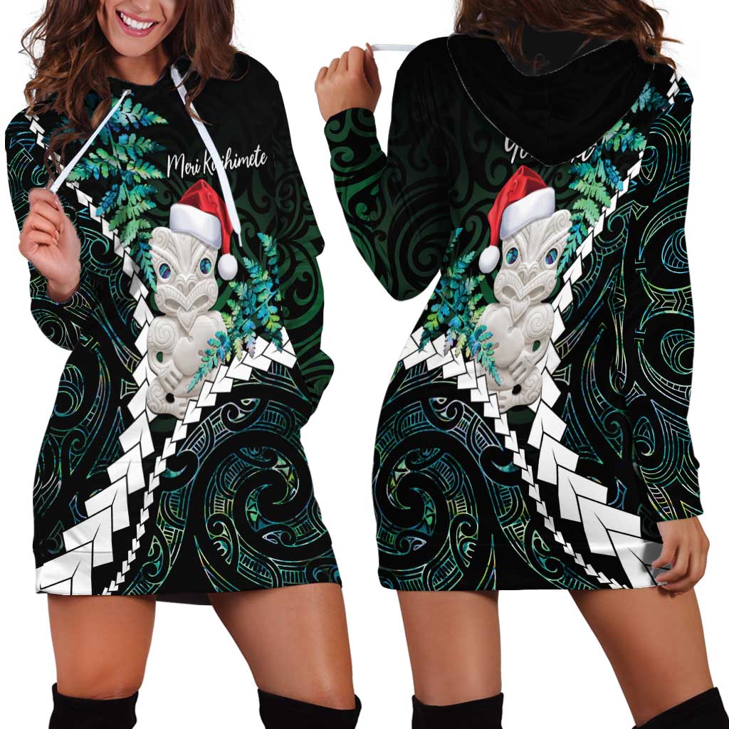 New Zealand Personalised Hoodie Dress Meri Kirihimete Kowhaiwhai Mix Paua Shell - Emerald LT7 - Polynesian Pride
