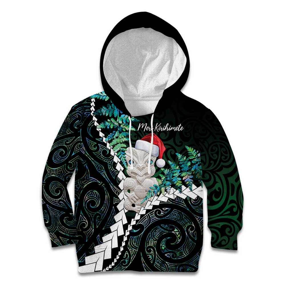 New Zealand Personalised Kid Hoodie Meri Kirihimete Kowhaiwhai Mix Paua Shell - Emerald LT7 Hoodie Green - Polynesian Pride