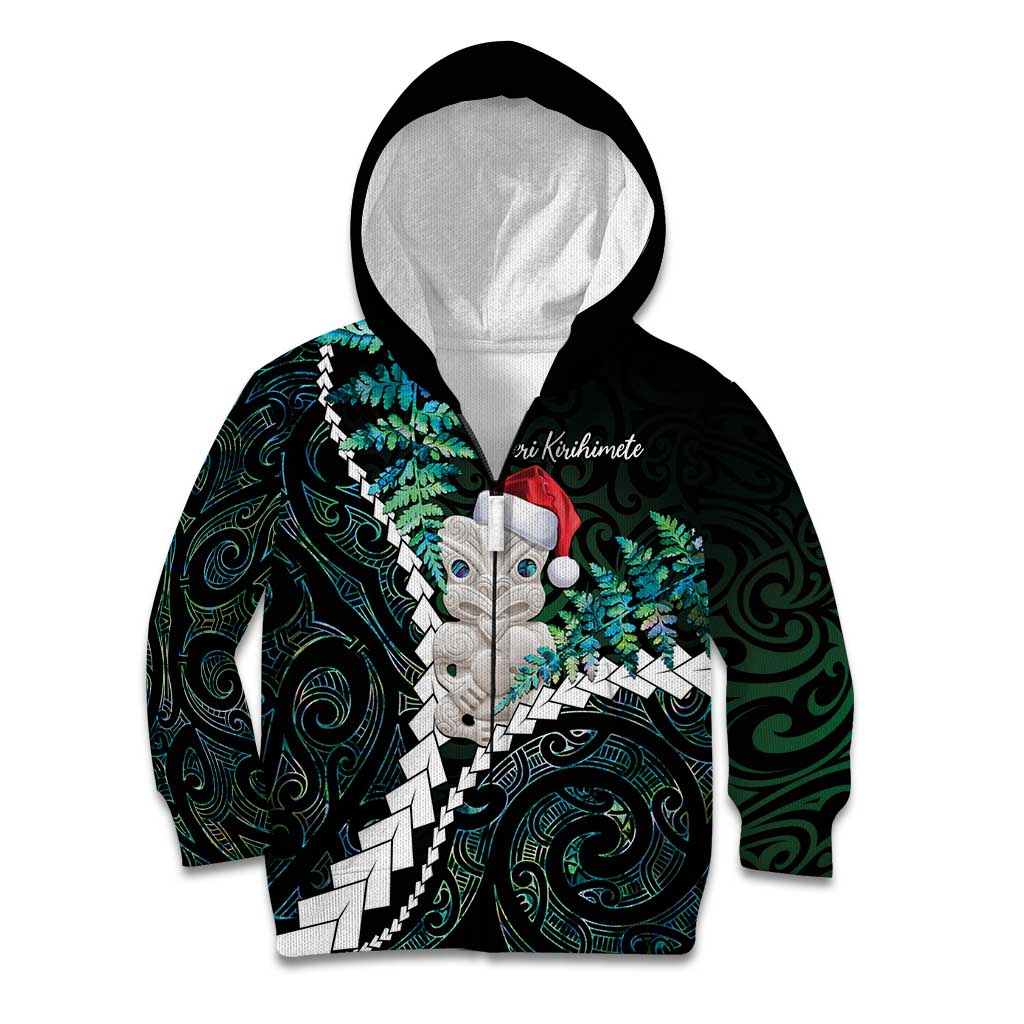 New Zealand Personalised Kid Hoodie Meri Kirihimete Kowhaiwhai Mix Paua Shell - Emerald LT7 Zip Hoodie Green - Polynesian Pride
