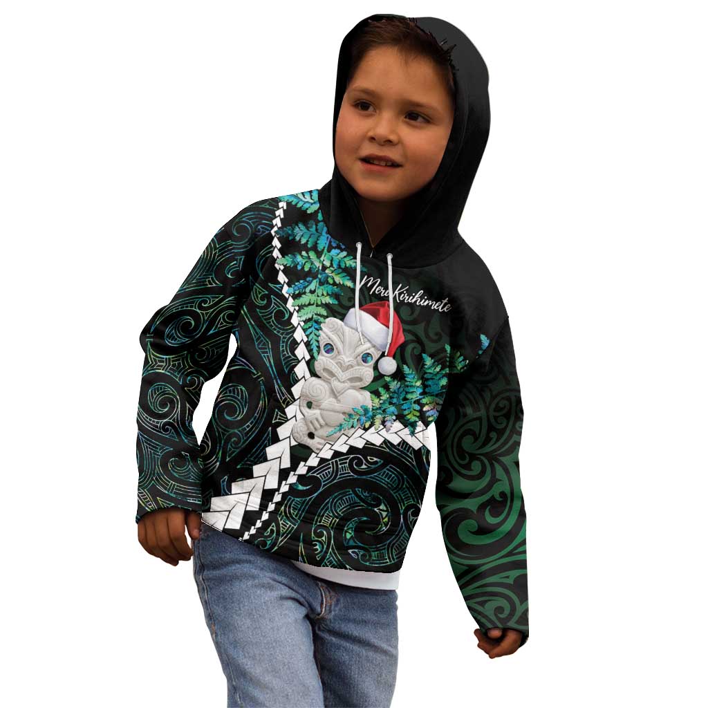 New Zealand Personalised Kid Hoodie Meri Kirihimete Kowhaiwhai Mix Paua Shell - Emerald LT7 - Polynesian Pride