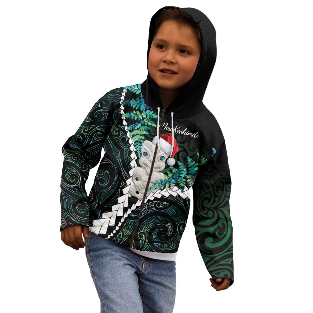 New Zealand Personalised Kid Hoodie Meri Kirihimete Kowhaiwhai Mix Paua Shell - Emerald LT7 - Polynesian Pride
