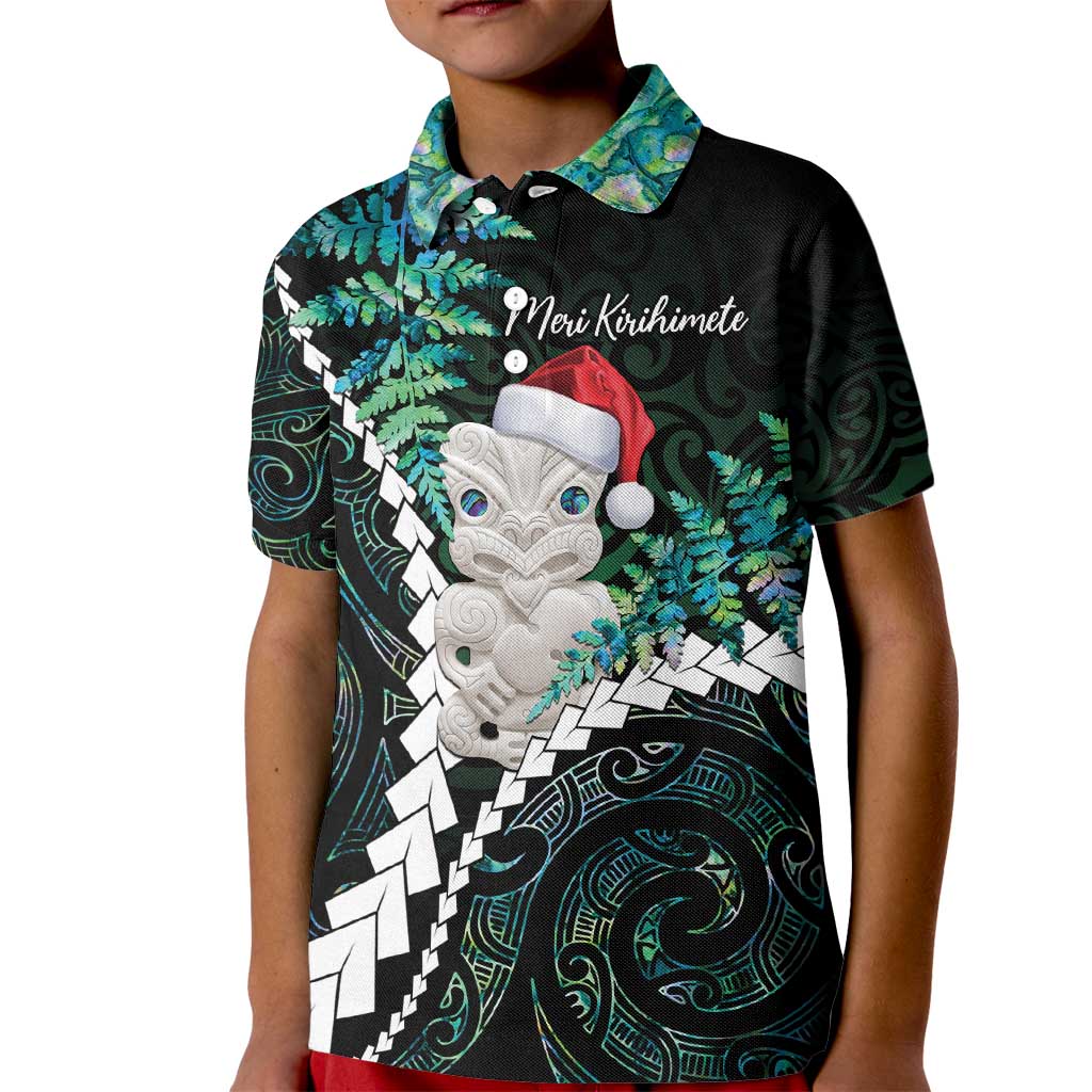 New Zealand Personalised Kid Polo Shirt Meri Kirihimete Kowhaiwhai Mix Paua Shell - Emerald LT7 Kid Green - Polynesian Pride