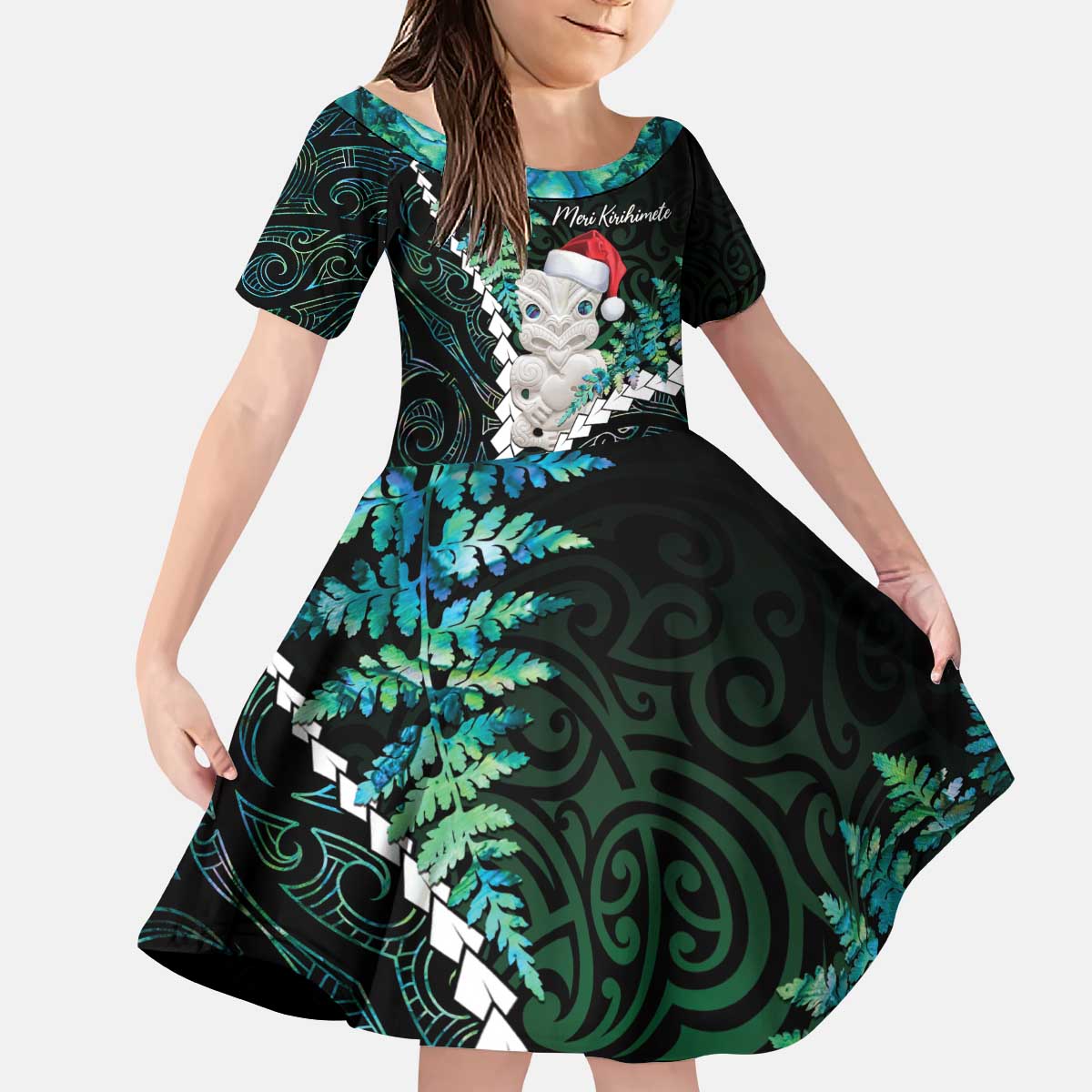 New Zealand Personalised Kid Short Sleeve Dress Meri Kirihimete Kowhaiwhai Mix Paua Shell - Emerald LT7 KID Green - Polynesian Pride