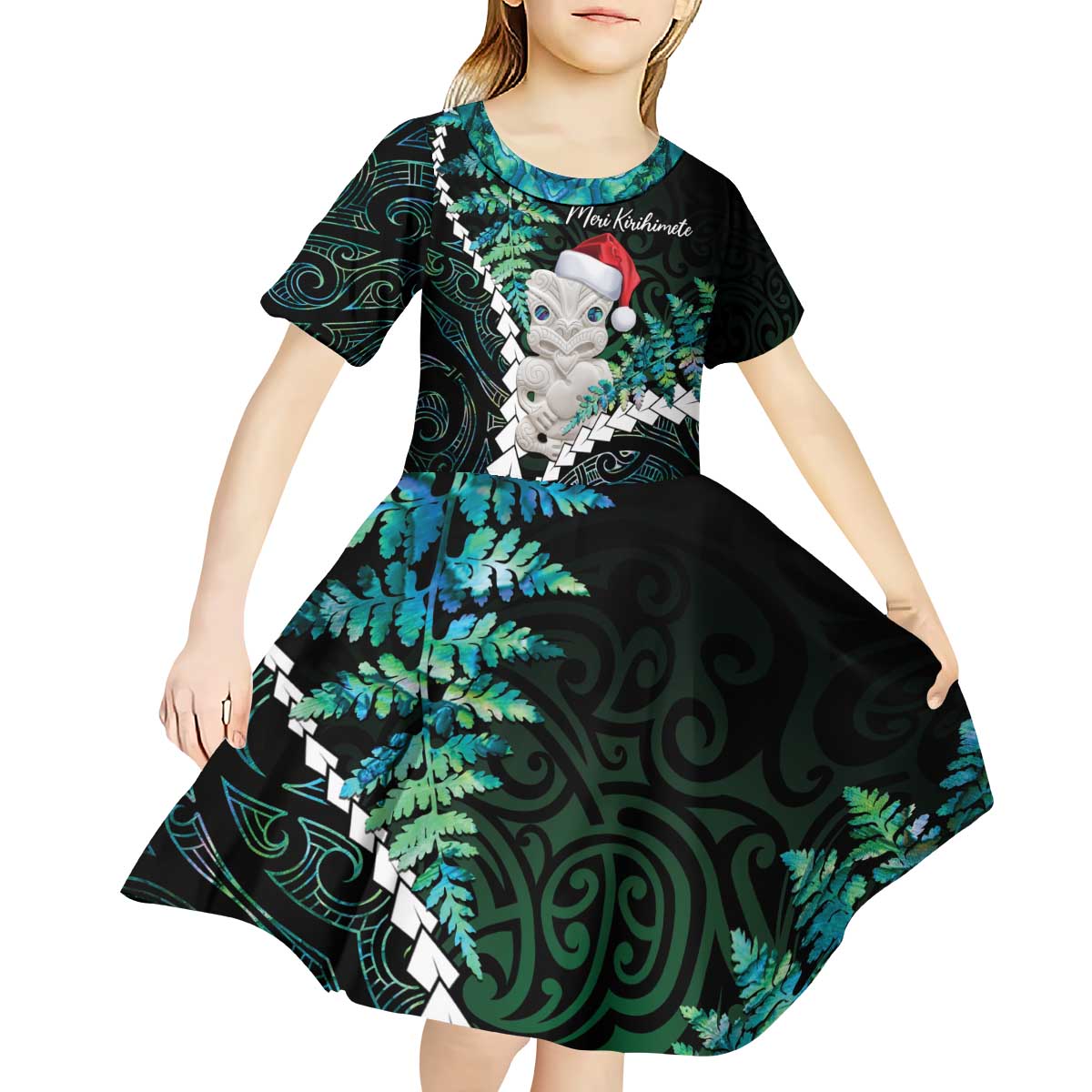 New Zealand Personalised Kid Short Sleeve Dress Meri Kirihimete Kowhaiwhai Mix Paua Shell - Emerald LT7 - Polynesian Pride