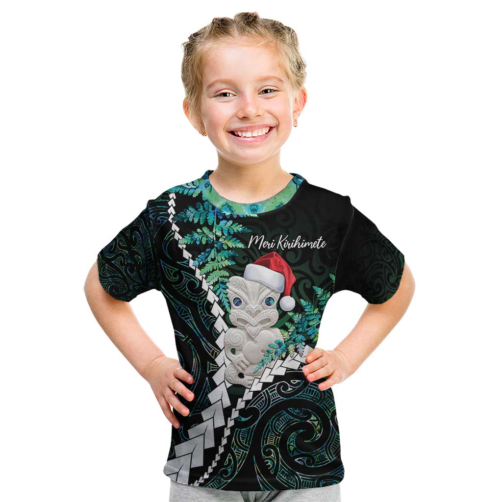 New Zealand Personalised Kid T Shirt Meri Kirihimete Kowhaiwhai Mix Paua Shell - Emerald LT7 Green - Polynesian Pride