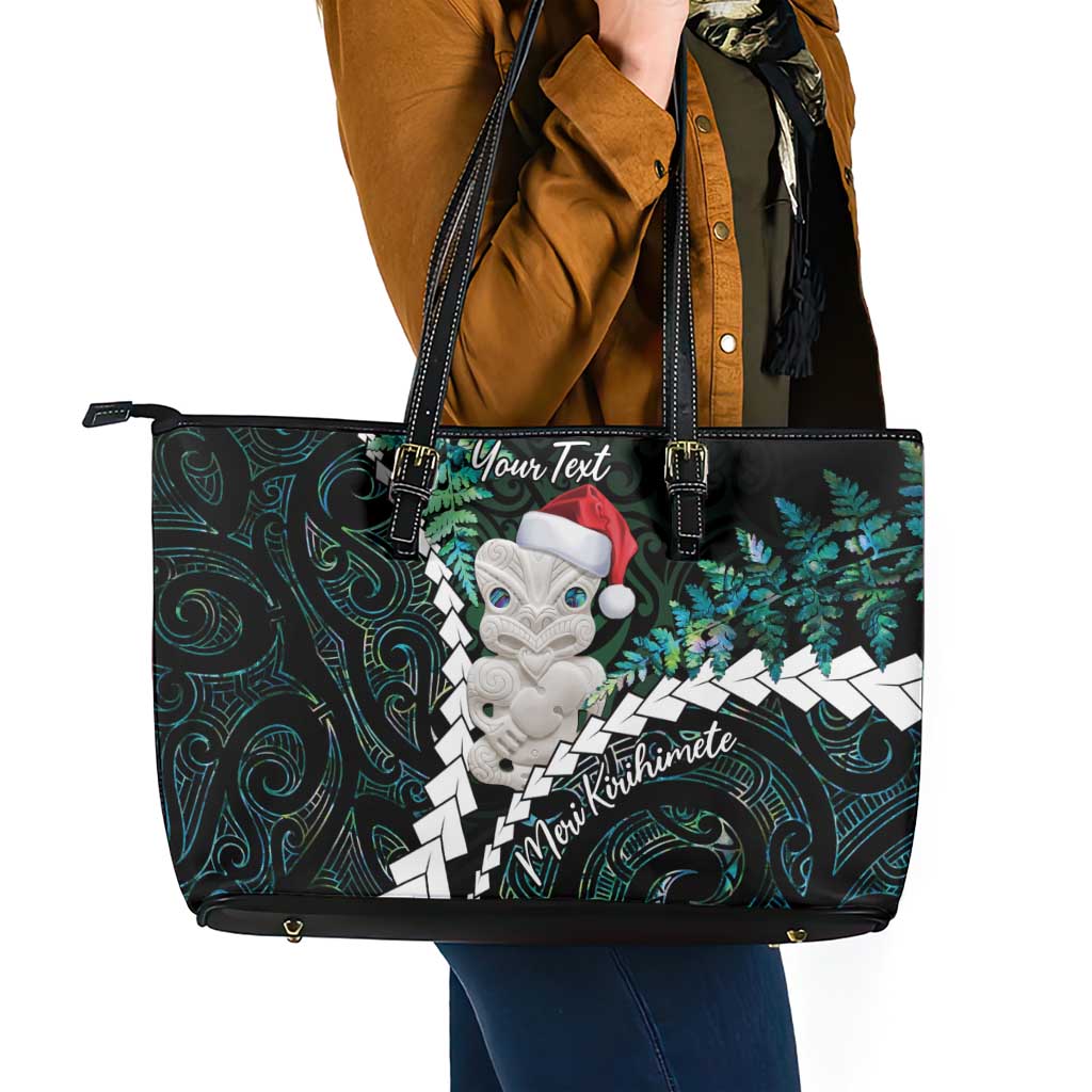 New Zealand Personalised Leather Tote Bag Meri Kirihimete Kowhaiwhai Mix Paua Shell - Emerald LT7 - Polynesian Pride