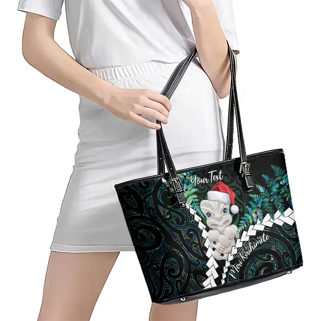 New Zealand Personalised Leather Tote Bag Meri Kirihimete Kowhaiwhai Mix Paua Shell - Emerald LT7 - Polynesian Pride