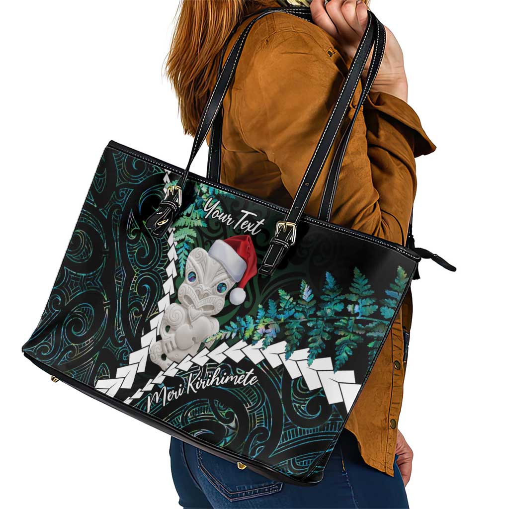 New Zealand Personalised Leather Tote Bag Meri Kirihimete Kowhaiwhai Mix Paua Shell - Emerald LT7 - Polynesian Pride