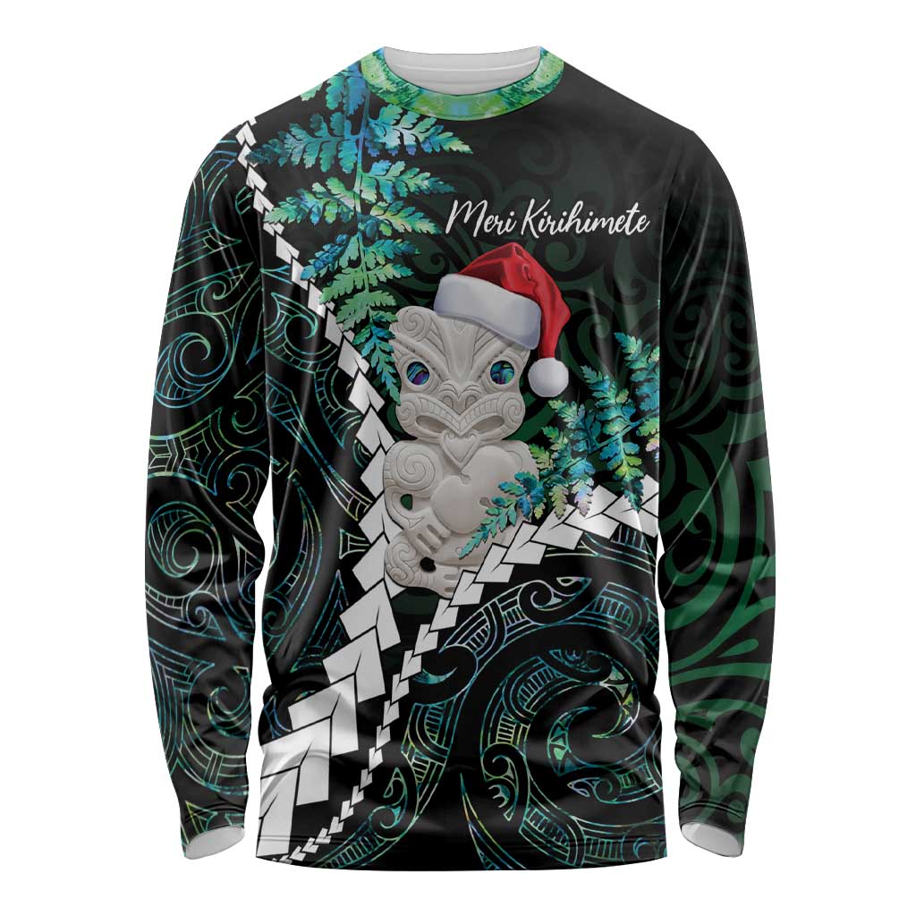 New Zealand Personalised Long Sleeve Shirt Meri Kirihimete Kowhaiwhai Mix Paua Shell - Emerald LT7 Unisex Green - Polynesian Pride