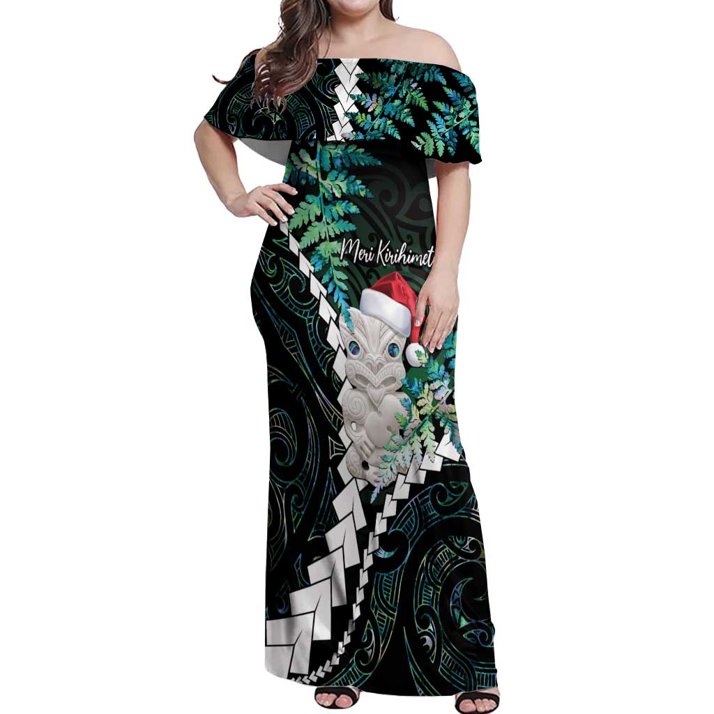 New Zealand Personalised Off Shoulder Maxi Dress Meri Kirihimete Kowhaiwhai Mix Paua Shell - Emerald LT7 Women Green - Polynesian Pride
