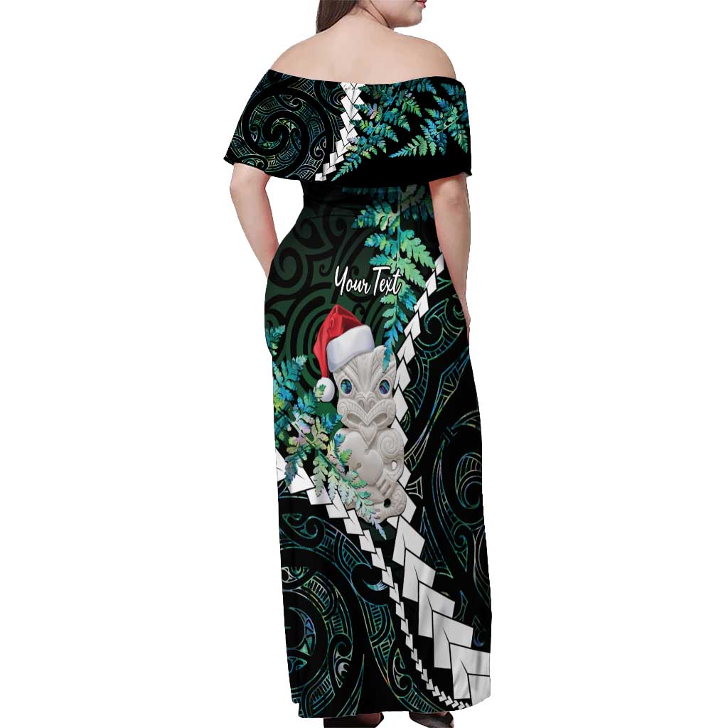New Zealand Personalised Off Shoulder Maxi Dress Meri Kirihimete Kowhaiwhai Mix Paua Shell - Emerald LT7 - Polynesian Pride