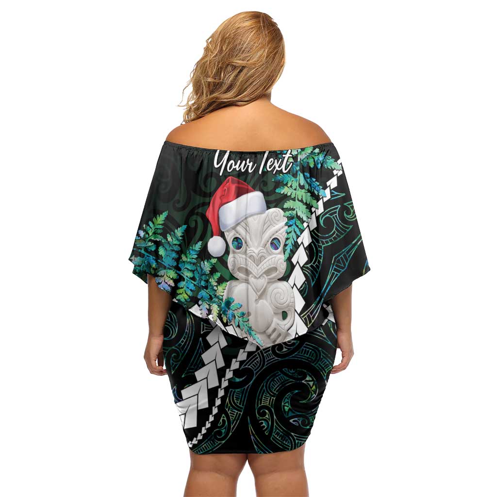 New Zealand Personalised Off Shoulder Short Dress Meri Kirihimete Kowhaiwhai Mix Paua Shell - Emerald LT7 - Polynesian Pride