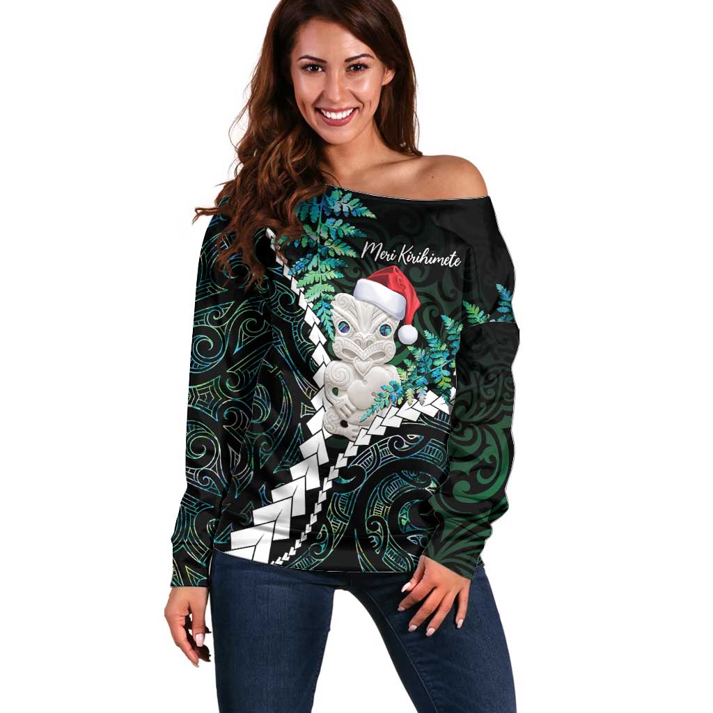 New Zealand Personalised Off Shoulder Sweater Meri Kirihimete Kowhaiwhai Mix Paua Shell - Emerald LT7 Women Green - Polynesian Pride