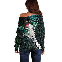 New Zealand Personalised Off Shoulder Sweater Meri Kirihimete Kowhaiwhai Mix Paua Shell - Emerald LT7 - Polynesian Pride