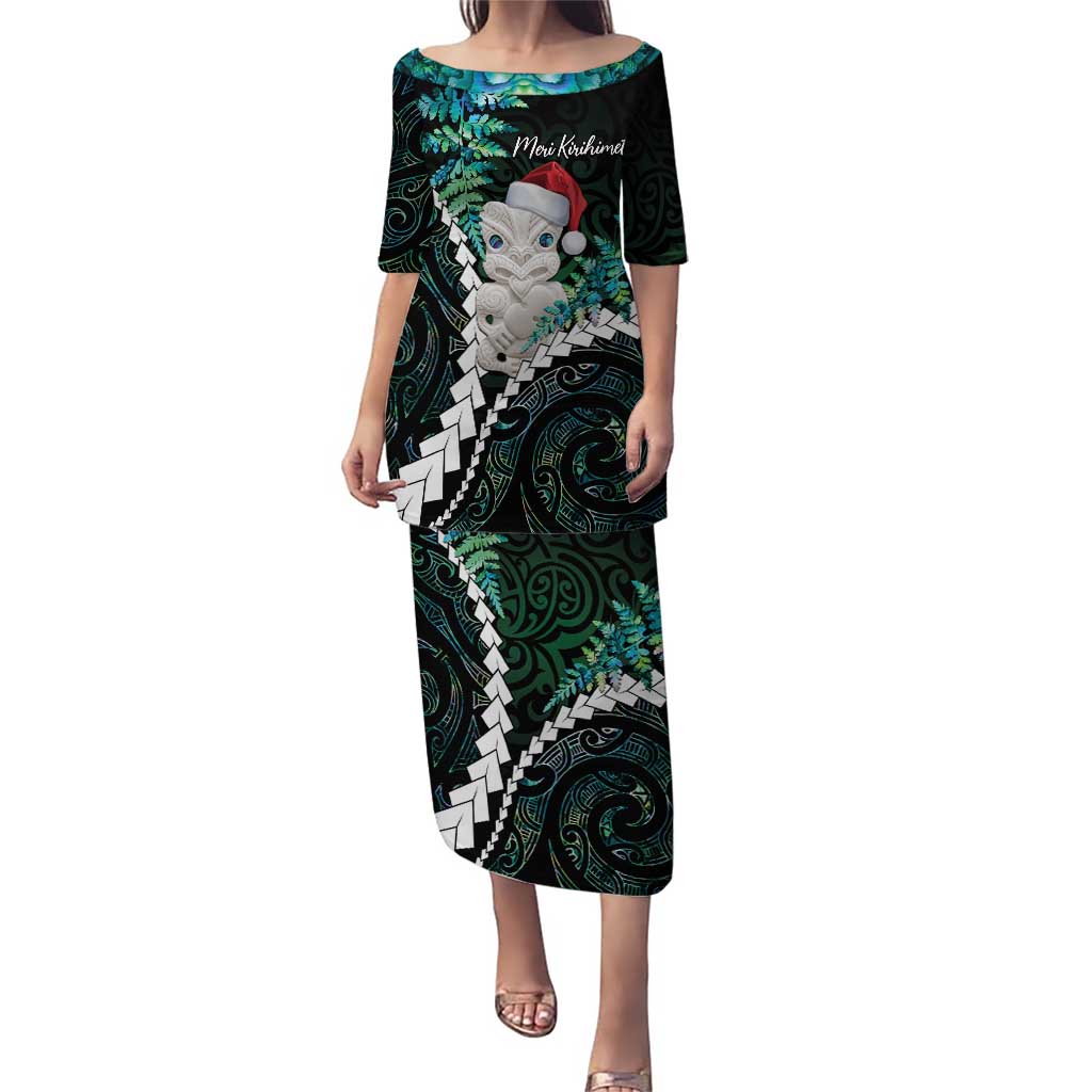 New Zealand Personalised Puletasi Meri Kirihimete Kowhaiwhai Mix Paua Shell - Emerald LT7 Long Dress Green - Polynesian Pride