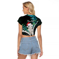 New Zealand Personalised Raglan Cropped T Shirt Meri Kirihimete Kowhaiwhai Mix Paua Shell - Emerald LT7 - Polynesian Pride