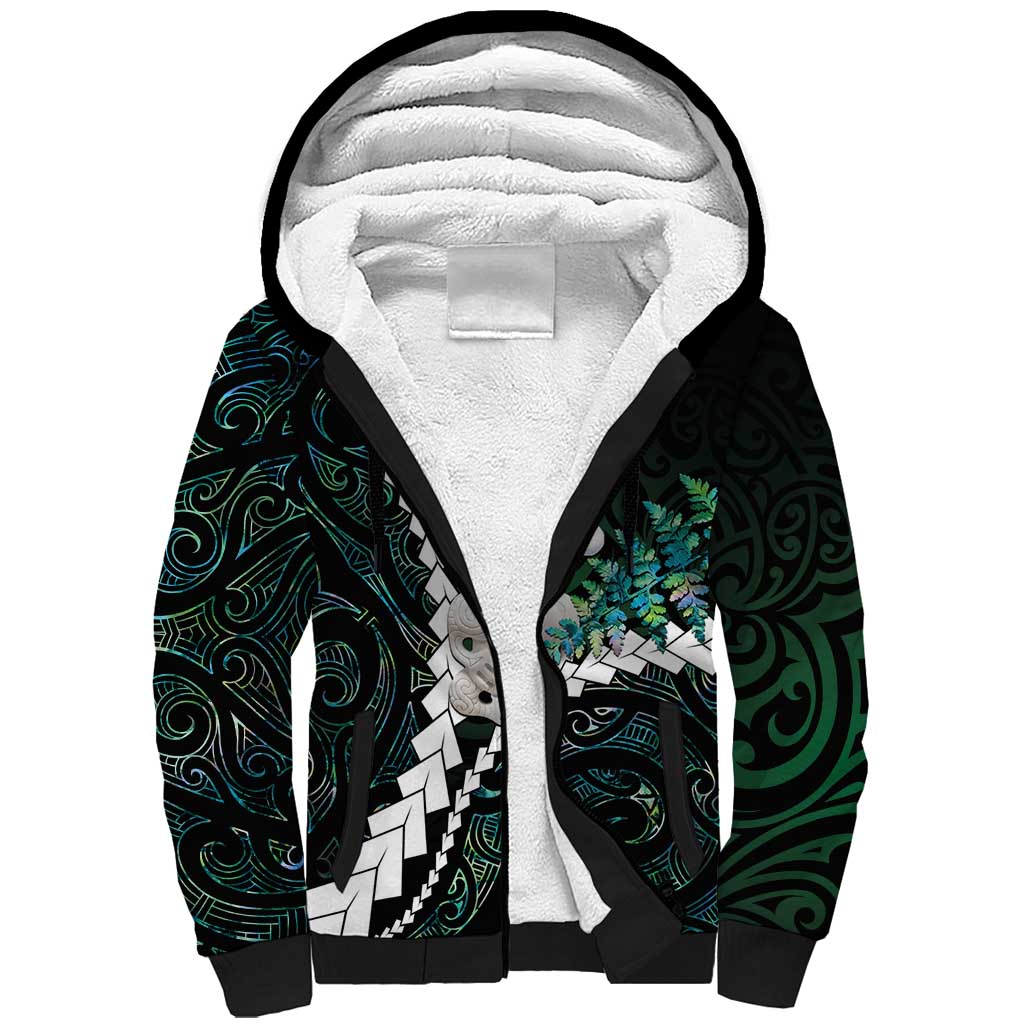 New Zealand Personalised Sherpa Hoodie Meri Kirihimete Kowhaiwhai Mix Paua Shell - Emerald LT7 Unisex Green - Polynesian Pride