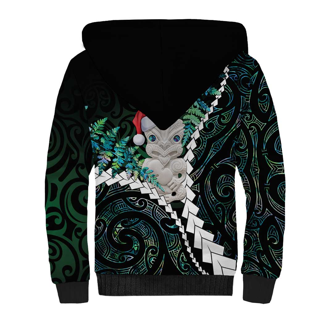 New Zealand Personalised Sherpa Hoodie Meri Kirihimete Kowhaiwhai Mix Paua Shell - Emerald LT7 - Polynesian Pride