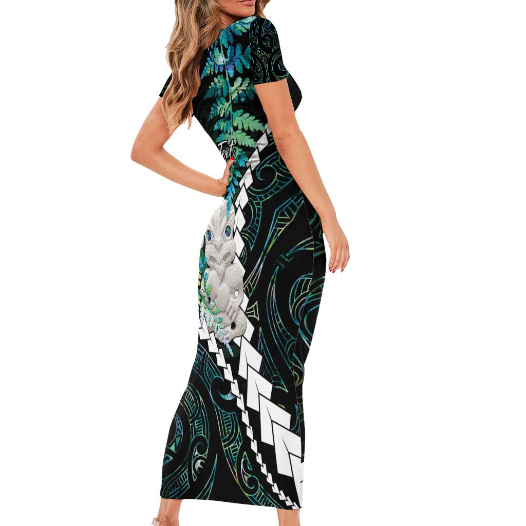 New Zealand Personalised Short Sleeve Bodycon Dress Meri Kirihimete Kowhaiwhai Mix Paua Shell - Emerald LT7 - Polynesian Pride
