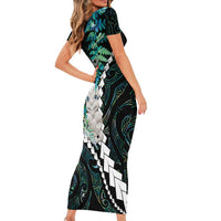New Zealand Personalised Short Sleeve Bodycon Dress Meri Kirihimete Kowhaiwhai Mix Paua Shell - Emerald LT7 - Polynesian Pride