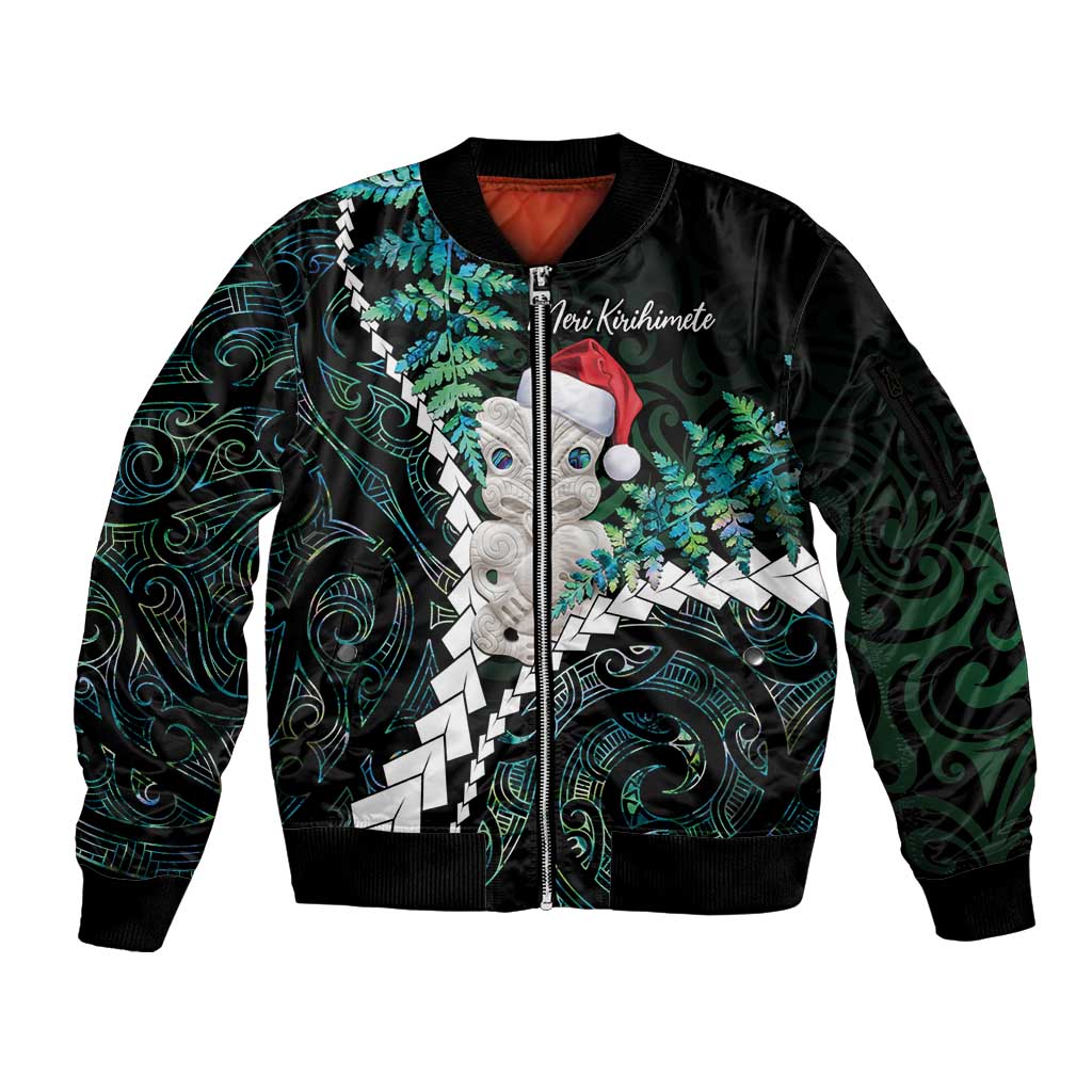 New Zealand Personalised Sleeve Zip Bomber Jacket Meri Kirihimete Kowhaiwhai Mix Paua Shell - Emerald LT7 Unisex Green - Polynesian Pride