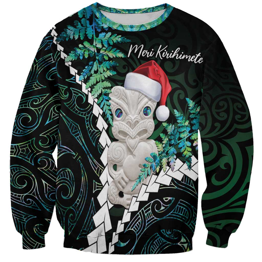 New Zealand Personalised Sweatshirt Meri Kirihimete Kowhaiwhai Mix Paua Shell - Emerald LT7 Unisex Green - Polynesian Pride