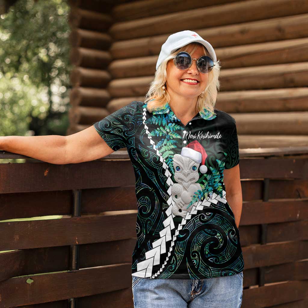 New Zealand Personalised Women Polo Shirt Meri Kirihimete Kowhaiwhai Mix Paua Shell - Emerald LT7 - Polynesian Pride