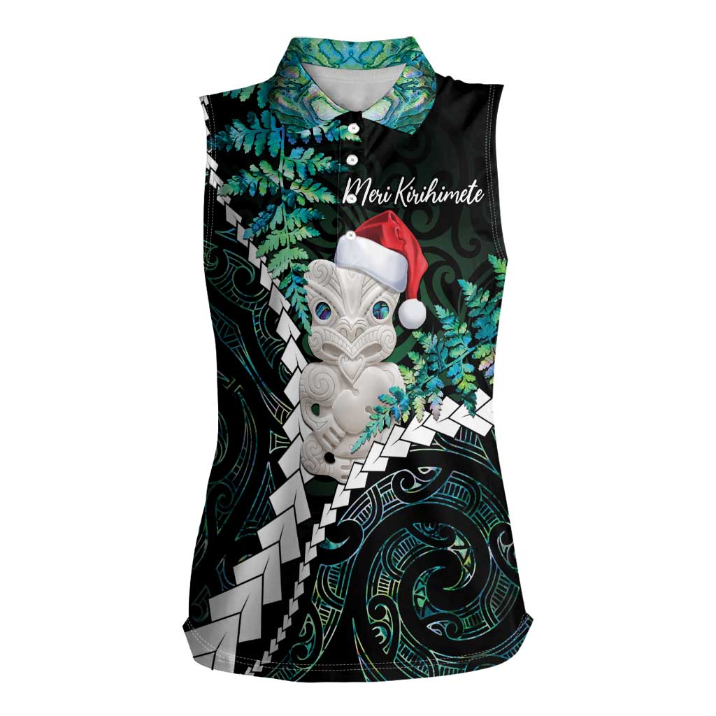 New Zealand Personalised Women Sleeveless Polo Shirt Meri Kirihimete Kowhaiwhai Mix Paua Shell - Emerald LT7 Female Green - Polynesian Pride