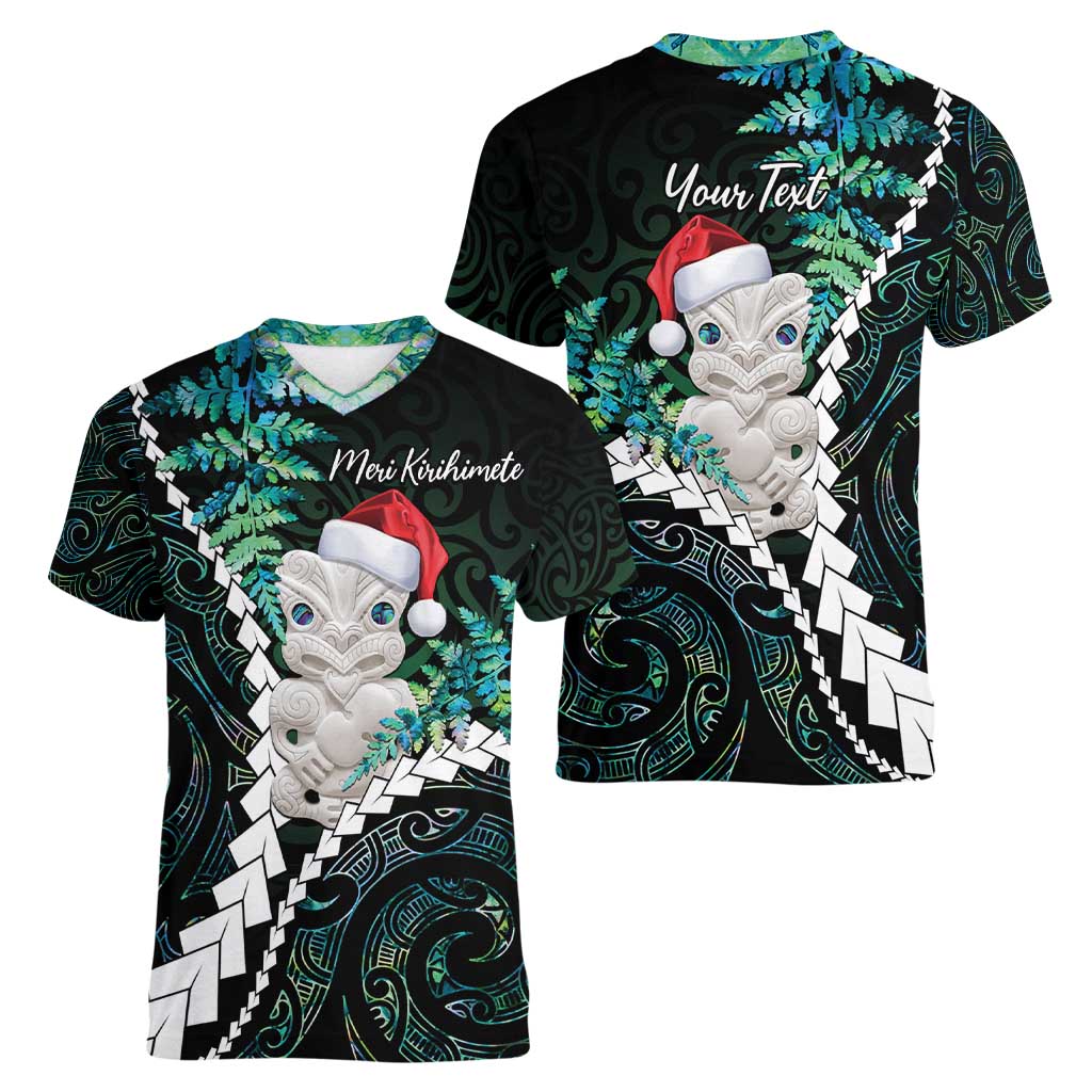 New Zealand Personalised Women V-Neck T-Shirt Meri Kirihimete Kowhaiwhai Mix Paua Shell - Emerald LT7 - Polynesian Pride