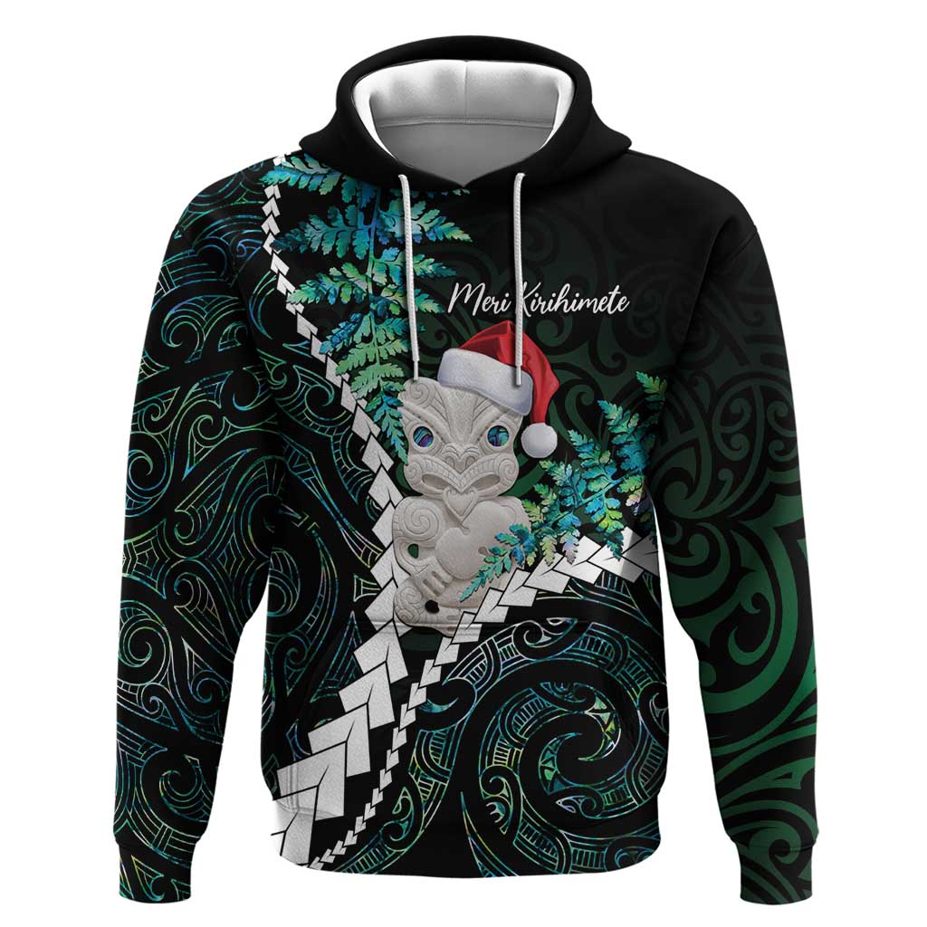 New Zealand Personalised Zip Hoodie Meri Kirihimete Kowhaiwhai Mix Paua Shell - Emerald LT7 Pullover Hoodie Green - Polynesian Pride