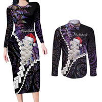 New Zealand Personalised Couples Matching Long Sleeve Bodycon Dress and Long Sleeve Button Shirt Meri Kirihimete Kowhaiwhai Mix Paua Shell - Amethys LT7 Purple - Polynesian Pride