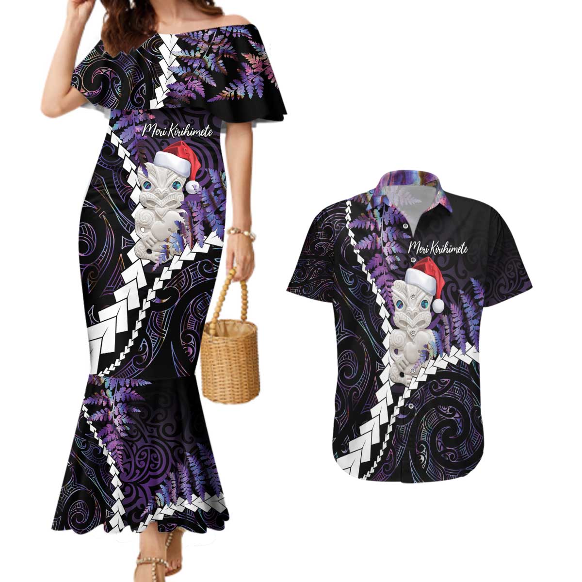 New Zealand Personalised Couples Matching Mermaid Dress and Hawaiian Shirt Meri Kirihimete Kowhaiwhai Mix Paua Shell - Amethys LT7 Purple - Polynesian Pride