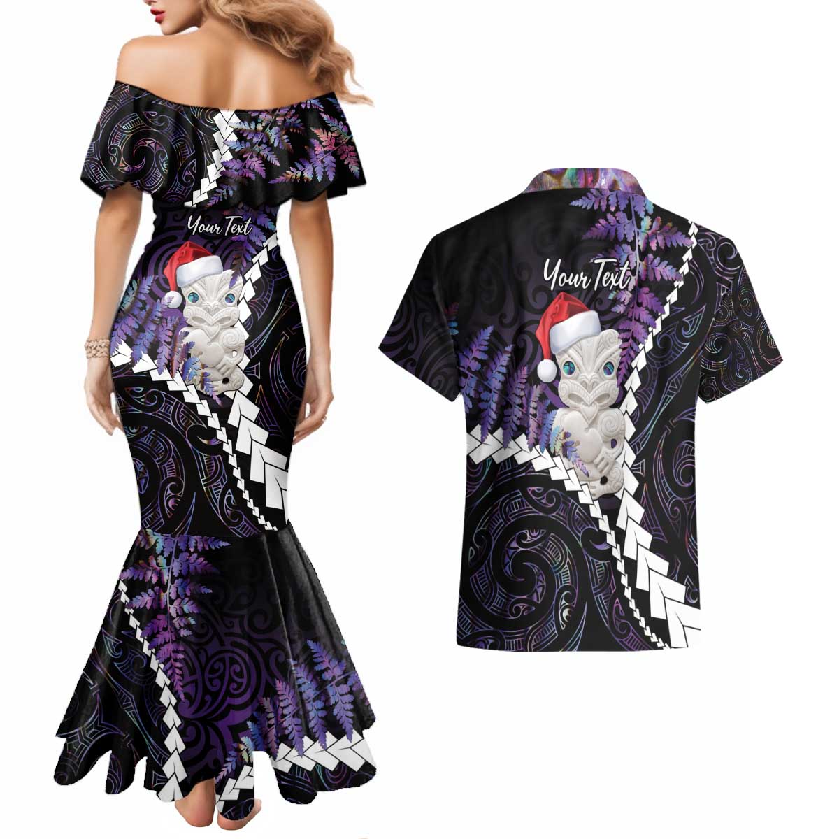 New Zealand Personalised Couples Matching Mermaid Dress and Hawaiian Shirt Meri Kirihimete Kowhaiwhai Mix Paua Shell - Amethys LT7 - Polynesian Pride