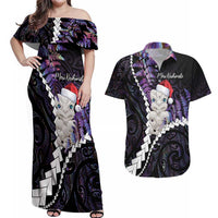 New Zealand Personalised Couples Matching Off Shoulder Maxi Dress and Hawaiian Shirt Meri Kirihimete Kowhaiwhai Mix Paua Shell - Amethys LT7 Purple - Polynesian Pride