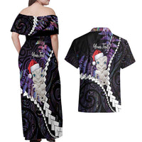 New Zealand Personalised Couples Matching Off Shoulder Maxi Dress and Hawaiian Shirt Meri Kirihimete Kowhaiwhai Mix Paua Shell - Amethys LT7 - Polynesian Pride