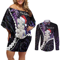 New Zealand Personalised Couples Matching Off Shoulder Short Dress and Long Sleeve Button Shirt Meri Kirihimete Kowhaiwhai Mix Paua Shell - Amethys LT7 Purple - Polynesian Pride