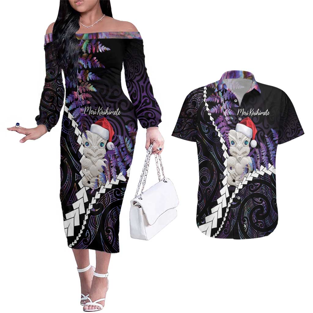 New Zealand Personalised Couples Matching Off The Shoulder Long Sleeve Dress and Hawaiian Shirt Meri Kirihimete Kowhaiwhai Mix Paua Shell - Amethys LT7 Purple - Polynesian Pride