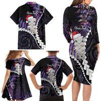 New Zealand Personalised Family Matching Long Sleeve Bodycon Dress and Hawaiian Shirt Meri Kirihimete Kowhaiwhai Mix Paua Shell - Amethys LT7 - Polynesian Pride