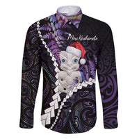 New Zealand Personalised Family Matching Long Sleeve Bodycon Dress and Hawaiian Shirt Meri Kirihimete Kowhaiwhai Mix Paua Shell - Amethys LT7 Dad's Shirt - Long Sleeve Purple - Polynesian Pride